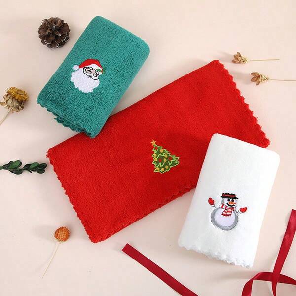 Christmas Coral Fleece Absorbent Towel, Embroidered Face Towel, Christmas & New Year Gift