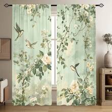 2Pcs Elegant Bird Floral Curtains Green Garden Print Window Drapes, Fresh Nature Style Flying Birds Rose Pattern Sheer Curtains, Light Filtering Panels For Living Room Bedroom Study Office Home Decor, Rod Pocket Design - Hoa oải hương - Xem 9