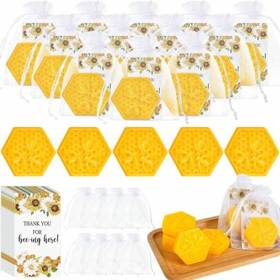 60pcs/20sets 90pcs/30sets Bee Themed Baby Shower Party Favors Including Honeycomb Soap With Thank You Card Gift Bags Honey Soap Gift For Guest Gender Reveal Party Decorations Baby Shower Game Prizes ﻿