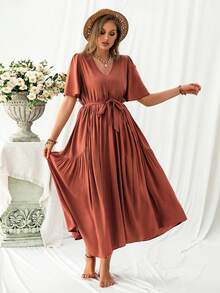 Rusttydustty Plus Size Solid Color V-Neck Short Sleeve Pleated Patchwork Casual Summer Dress - Burnt Orange - View 1