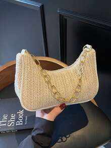 时尚纯色编织新月形女士手提包，配有金属链条肩带，可用作手提包、单肩包、托特包、沙滩包、休闲编织包和手机包，夏季必备，适合度假和假日，沙滩包，适合夏季、度假和日常使用，旅行必备。 - 米色 - 查看 2