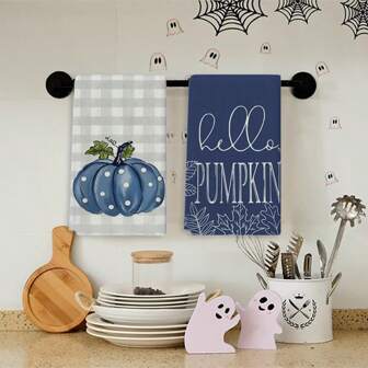 2 Pieces Set, 40x60 Cm, Blue Pumpkin And Autumn Leaf Kitchen Towel - A Rural Modern Decorative Utensil Towel Decorated With The Word "Autumn", Made Of Durable Polyester Material, Machine Washable, Suitable For Autumn Thanksgiving Home Decoration, Kitchen Towel Decoration, Durable Material, Soft Material, Can Be Used As Holiday Decoration