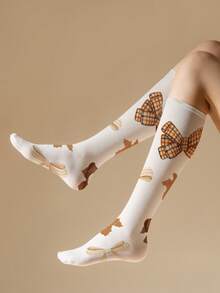 1/2 双 50D 女士蝴蝶结图案小腿袜，性感超薄及膝袜，夏季超薄长袜，中筒袜，中筒袜，可爱时尚袜子，节日礼物袜，返校季，适合日常穿着