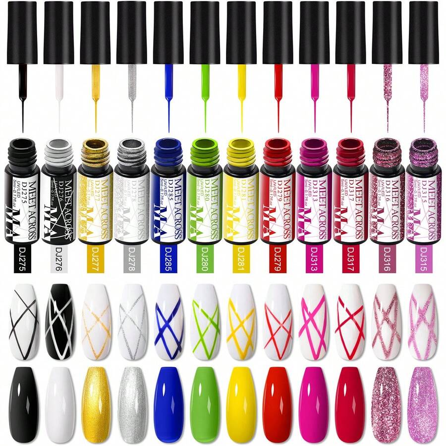MEET ACROSS 12pcs Painting Liner Gel Nail Polish Set ,Paint Spider Liner Gel Polish Set, 5ml Summer Nails Gold Silver Pink Red Nails DIY Nail Painting Drawing Nail Design French Nails Manicure Kit For Home Salon Nail Supplies - Nhiều màu - Xem 1