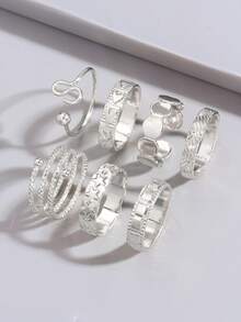 7件套极简个性化春季星星和心形戒指套装 - 銀色 - 查看 2