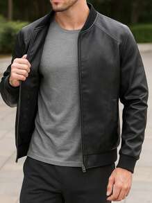 1pc Men's Baseball Collar PU Leather Jacket, With Zipper Pockets, Outdoor Motorcycle Style, Thickened Spring/Autumn Motorcycle Jacket For Men,Fleece - Black - View 9