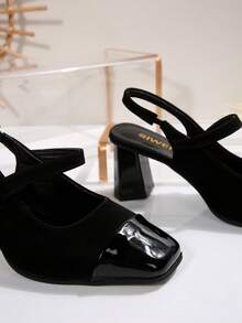 女士复古法式方头露背扣凉鞋，玛丽珍鞋，温柔淑女黑色平底鞋 - 黑色 - 查看 8