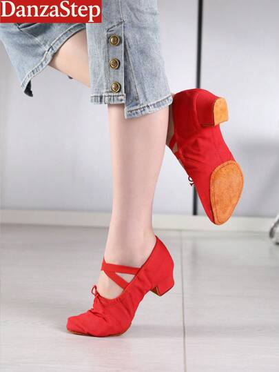 Women's Red Ballroom Dance Shoes Drawstring Latin Modern Salsa Rhythm Teaching Practice Professional Performance Dance Shoes Cross Elastic Band Chunky Heel Split Sole For Indoor/Floor Musical Theater Dancing
