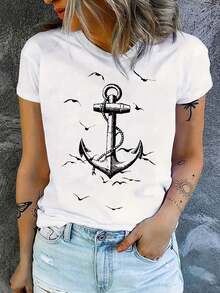 T-shirt femme, imprimé amusant, ancre de bateau, ensemble confort décontracté, cadeau femme, haut col rond à manches courtes, pour l'été et toutes les saisons, coton 180g