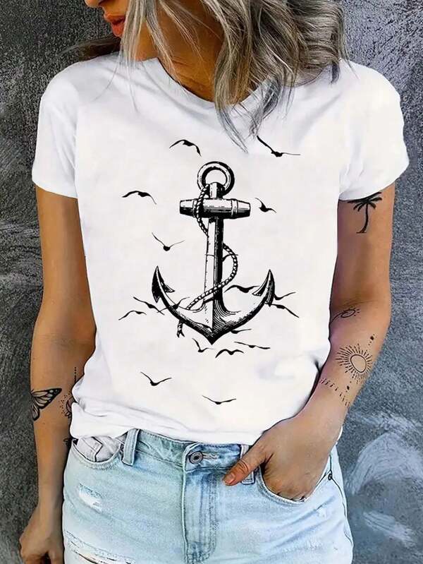 T-shirt femme, imprimé amusant, ancre de bateau, ensemble confort décontracté, cadeau femme, haut col rond à manches courtes, pour l'été et toutes les saisons, coton 180g