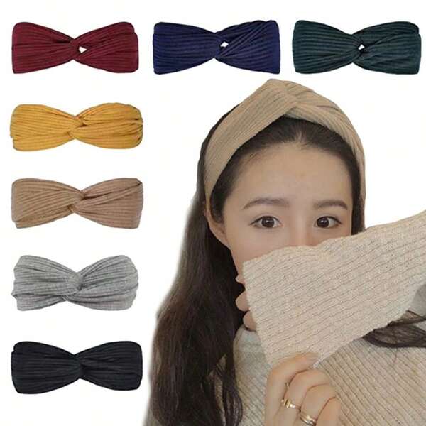 1pc Korean & European Style Knitted Criss-Cross Headband, Solid Color Elastic Yoga Sports Hair Band
