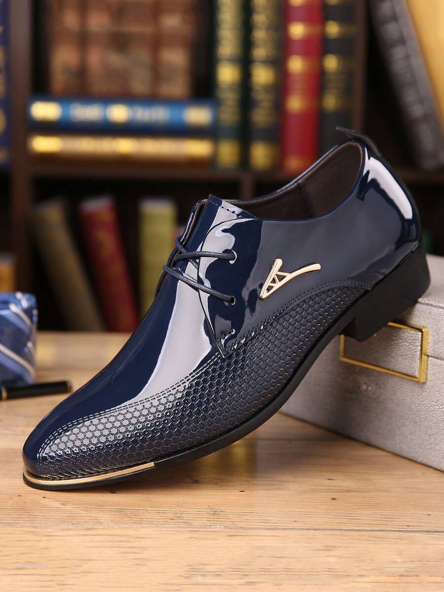 Plus Size Men's Glossy Leather Lace-Up Pointed Toe Dress Shoes, Formal Wedding Business Attire Formal/Business Formal