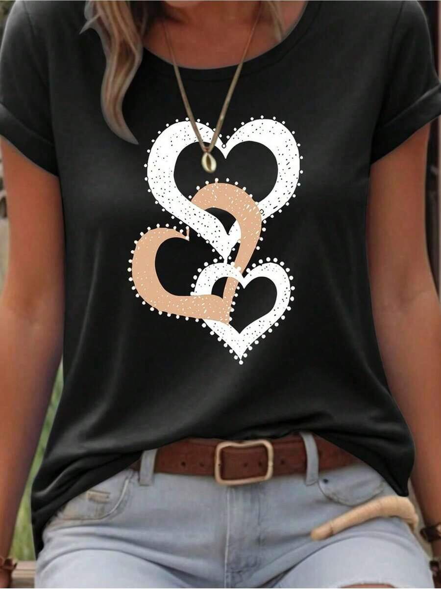 Camiseta de manga corta de cuello redondo con estampado de corazón, de uso casual para verano y ropa de Año Nuevo, blusas gráficas para mujeres - Negro - Ver 1