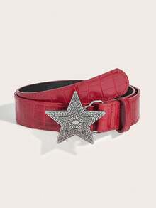1条复古五角星扣酒红色真皮腰带，时尚百搭休闲腰带 - A - 查看 15