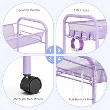 KK KINGRACK 4-Tier Rolling Cart, Metal Utility Cart With 3 Hooks, Easy Assemble Mobile Storage Trolley On Wheels, Metal Shelving Units Kitchen Bathroom Laundry Room Outdoor Decor, Purple - Màu tím - Xem 4