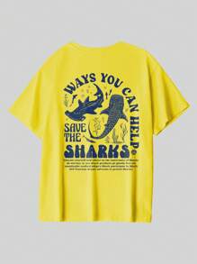 T-shirt da uomo in cotone a coste, stampa con elementi dell'oceano, abbigliamento sportivo da uomo in stile college per la primavera e l'estate, top a maniche corte da uomo gialli, morbidi e traspiranti.