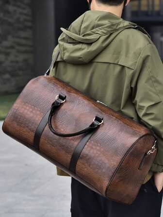 波士顿风格旅行包，复古设计，鳄鱼纹面料，容量大，方便携带，多种背包模式，适合健身中心、旅行度假、周末住宿、徒步旅行、户外运动、商务旅行等。