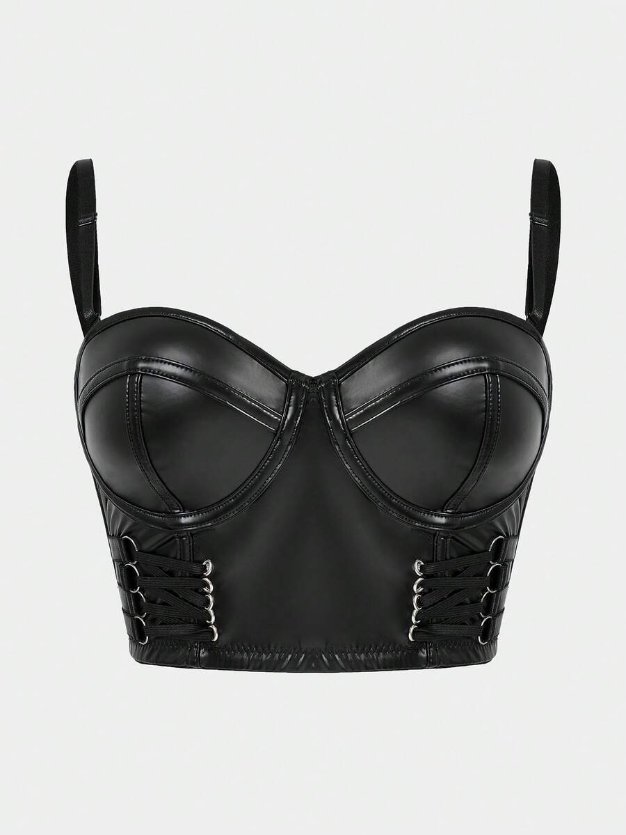 Schwarzes kurzes Bustier-Top aus Kunstleder mit verstellbaren Trägern und Knopfverschluss hinten, sexy Punk-Stil Mieder-Camisole - Schwarz - Übersicht 1