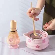 5pcs Matcha Whisk Set, Cute Pink Heart/Cherry Blossoms Ceramic Matcha Bowl With Whisk Set, Japanese Tea Set Includes Matcha Bowl With Spout, Matcha Whisk Holder, Bamboo Matcha Whisk, Scoop, Sifter, Ceramic Matcha Kit For Tea Lovers