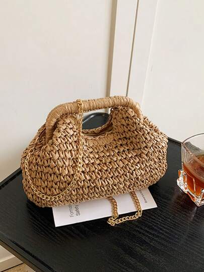 Borsa da spiaggia in color solido da donna, elegante borsa a tracolla con catena metallica, borsa con cannuccia stile signora, borsetta alla moda con motivo a goccia