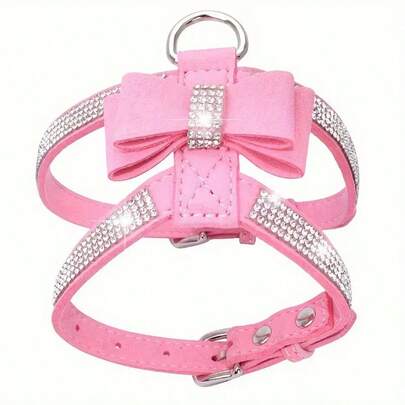 HP048 Adorable Sparkling Rhinestone Dog Vest Harness - Soft, Comfortable, Adjustable Design With Bow Tie For Small And Medium Breed Dogs, Perfect For Walks, Parties, And Special Occasions