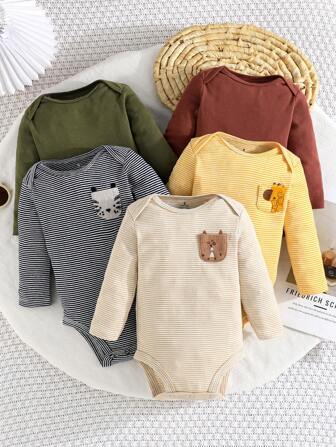 5件套男婴长袖卡通动物刺绣连体衣，易穿婴儿连体衣