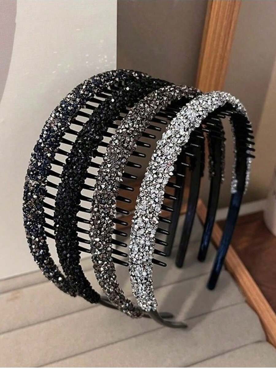 4条装女士多色新款发箍，多功能水钻褶皱发箍，防滑齿设计，适合日常佩戴，发带，发箍，发饰，头饰 - 彩色 - 查看 1