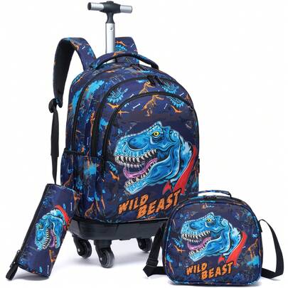 3件套儿童拉杆背包，猫咪图案，360°旋转轮，可装15英寸笔记本电脑、午餐盒和铅笔盒，适合小学生，18英寸旅行包，紫色