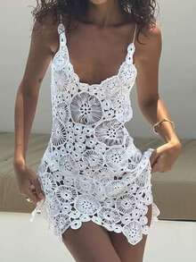 Women Summer Boho Knitted Crochet Halter Neck Swimsuit Coverups VNeck Hollow Out Irregular Hem Short Mini Beach Dress - 白色 - 查看 1