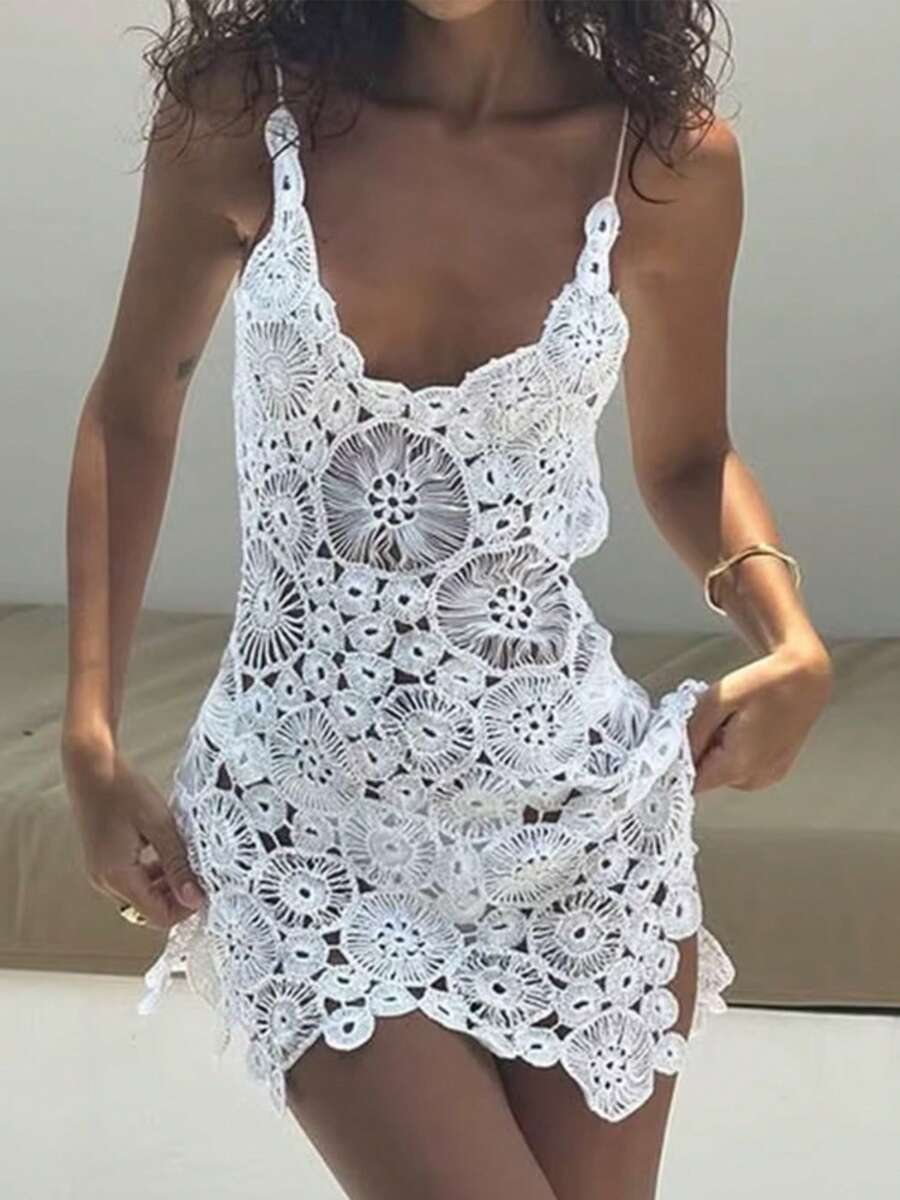 Women Summer Boho Knitted Crochet Halter Neck Swimsuit Coverups VNeck Hollow Out Irregular Hem Short Mini Beach Dress - 白色 - 查看 1