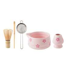 5pcs Matcha Whisk Set, Cute Pink Heart/Cherry Blossoms Ceramic Matcha Bowl With Whisk Set, Japanese Tea Set Includes Matcha Bowl With Spout, Matcha Whisk Holder, Bamboo Matcha Whisk, Scoop, Sifter, Ceramic Matcha Kit For Tea Lovers