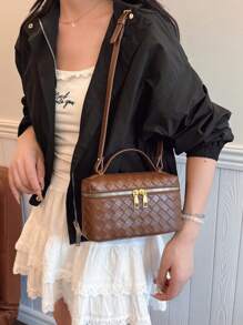 编织盒包、单肩包、午餐托特包、时尚化妆包、女士别致小方包 - 咖啡棕 - 查看 2