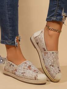 Women's Beige Printed Flat Shoes, Elegant Fashion Ballet Flats, Comfortable Dress Flat Shoes, Soft Lightweight Versatile Espadrille Platform Loafers - Beige - View 2