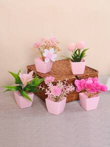 1pc/5pcs Mini Pink Potted Plants, Artificial Rose & Chrysanthemum Bonsai, Suitable For Wedding Party Decor, Home, Restaurant, Office, Mother's Day, Banquet Table Centerpiece - Pink - View 2