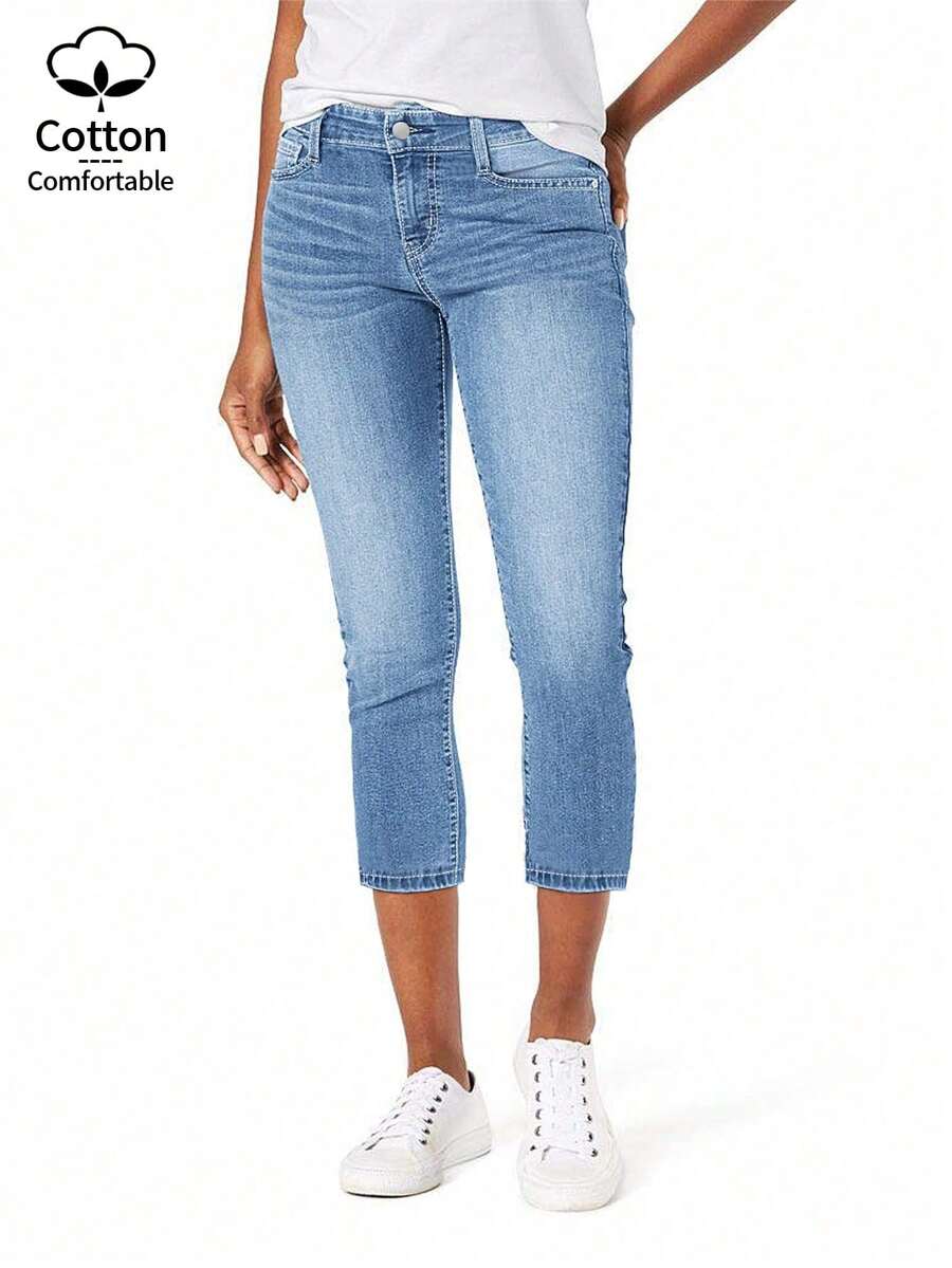 Jeans pitillo de mujer con lavado vintage - Jeans capri elásticos de longitud 7/8 de denim con bolsillos traseros bordados Retro de talle medio - Jeans de corte slim