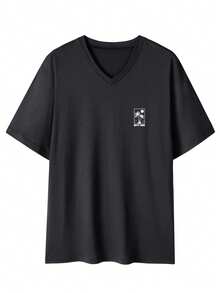 Camiseta casual de manga corta con cuello en V de unicolor y estampado gráfico para hombres, para verano - Negro - Ver 1