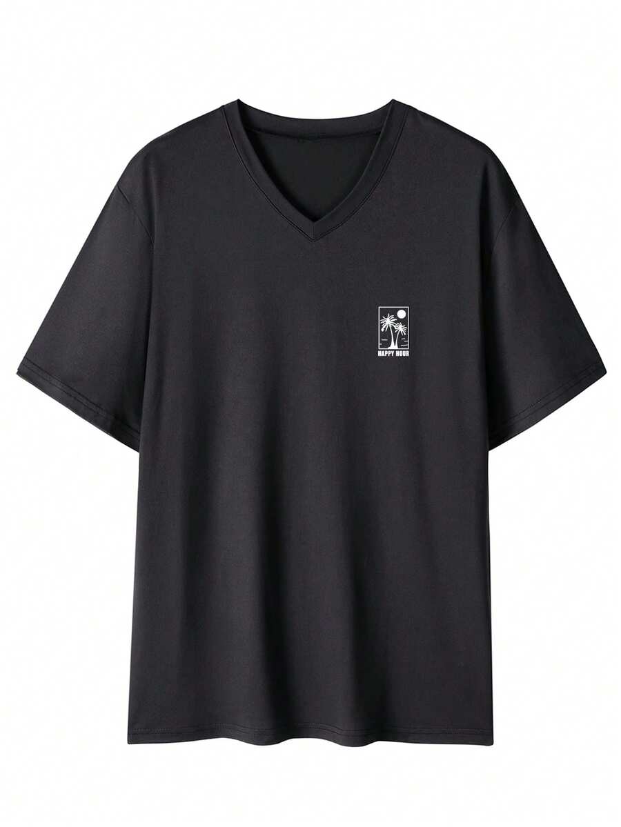 Camiseta casual de manga corta con cuello en V de unicolor y estampado gráfico para hombres, para verano - Negro - Ver 1