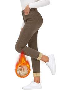 冬季保暖内衬中腰修身锥形裤 - 加厚保暖设计，时尚百搭 - 深咖色 - 查看 3