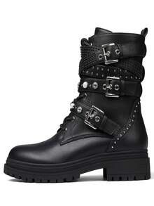 Botas de tobillo punk para mujer, tacón de bloqueo, solapa, perla, remache, moda cool, shorts callejeros, diseño gótico de lujo, botas de motocicleta para mujeres - Negro - Ver 1