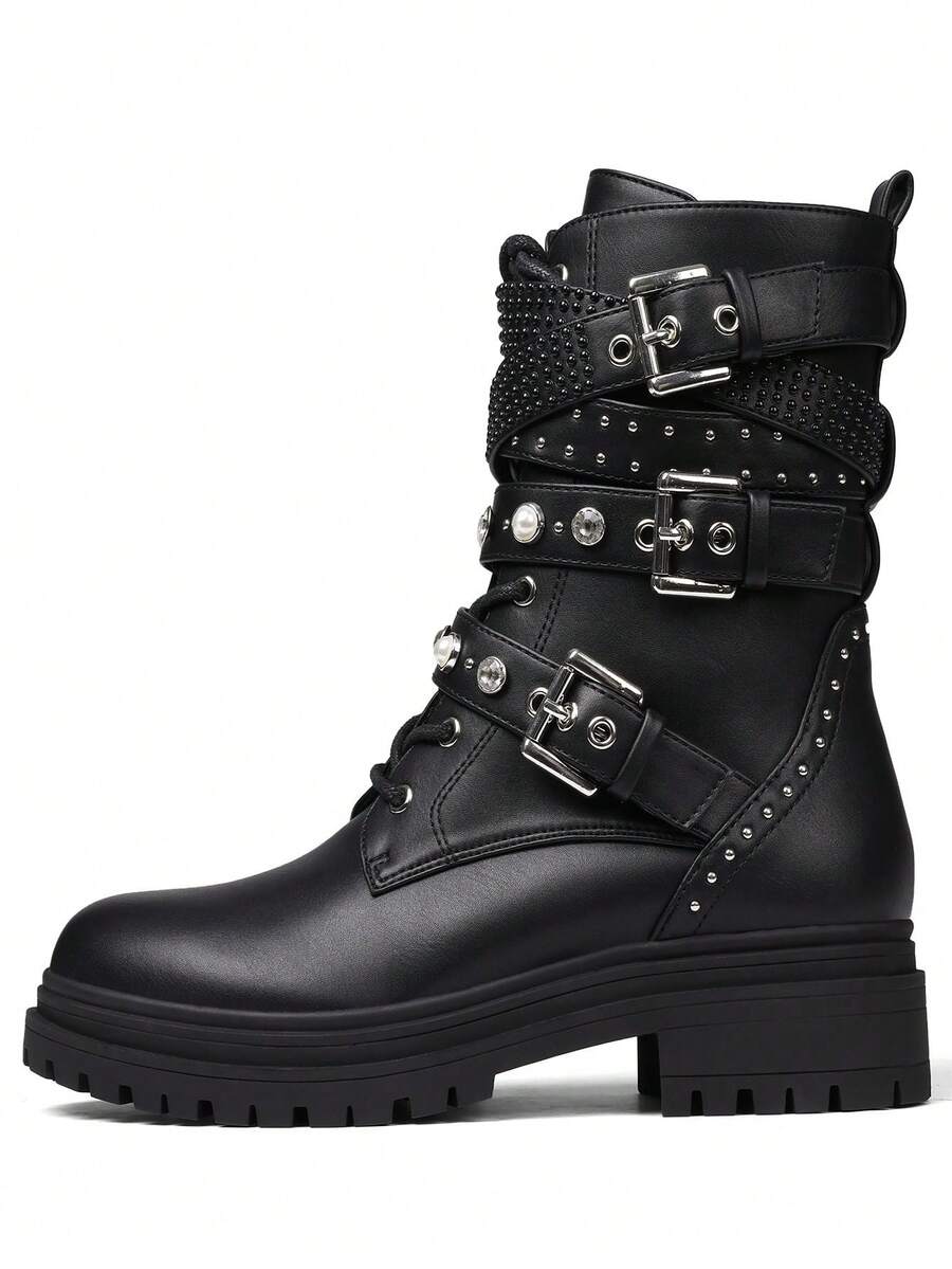 Botas de tobillo punk para mujer, tacón de bloqueo, solapa, perla, remache, moda cool, shorts callejeros, diseño gótico de lujo, botas de motocicleta para mujeres - Negro - Ver 1