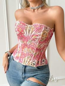 Bisouelle 1pc Pink Textured Sheer Floral Lace Corset Hollowed Out Bustier Crop Top For Daily Wear/Party/Weddingfor Summer - Pink - View 3