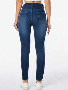 Winter Warm Thick Mid Waist Vintage Washed Elastic Skinny Jeans With Whisker Details Multiple Buttons - Blue - View 7