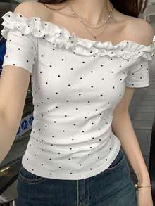 Áo thun tay ngắn in họa tiết chấm bi nhún bèo thời trang xuân/hè 2025 dành cho nữ - trắng - Xem 4