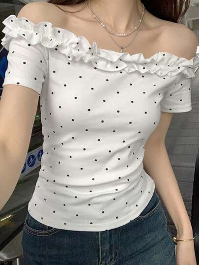 2025春夏女款波点印花荷叶边短袖百搭T恤