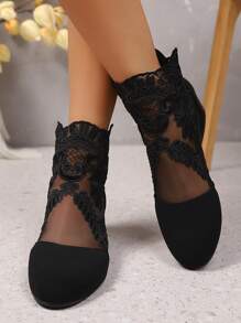 SDEMIN Early Autumn And Winter Daily Wear, Date Travel, Ladies' Temperament, Floral Print Lace Ankle Boots, Back Zipper Square High Heels, Round Toe Boots, And Fashionable Pointed Black Mesh Breathable High Heels - Black - View 4