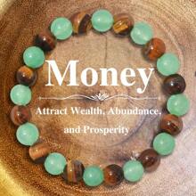 1pc 8mm Single Wrap Tiger Eye Stone, Green Agate, White Diamond Circle Bracelet For Women, Yellow Crystal Engraved Heart Bracelet