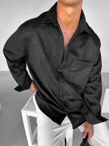 男士长袖复古麂皮衬衫式外套，秋季款 - 黑色 - 查看 2