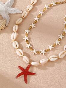 1/2 件波西米亚风贝壳海星项链，海滩和海洋主题夏季女士旅行配饰