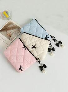 1 Piece Cute Ruffled Square Coin Purse With Bow Pattern Mini Lipstick Organizer Bag With Detachable Bow Pendant Portable Cosmetics Bag With Zipper Women's Makeup Storage Bag Soft Fabric Sanitary Napkin Organizer Bag Fashionable Clutch Pouch Wallet Small Items Storage Bag For Key, Earphone, Coin, Lipstick, Lip Oil, Card, Girls'Accessories College Vacation Cruise Summer Holiday Essentials Organizer Bag