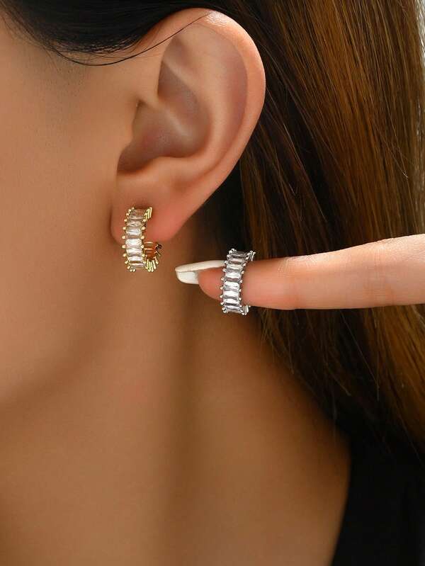 1 Pair Luxury Women's Synthetic Cubic Zirconia C-Shape Earrings, Fashionable & Personalized Micro-Inlaid Crystal Earrings, Niche Jewelry For Ladies, Suitable For All Occasions And Parties